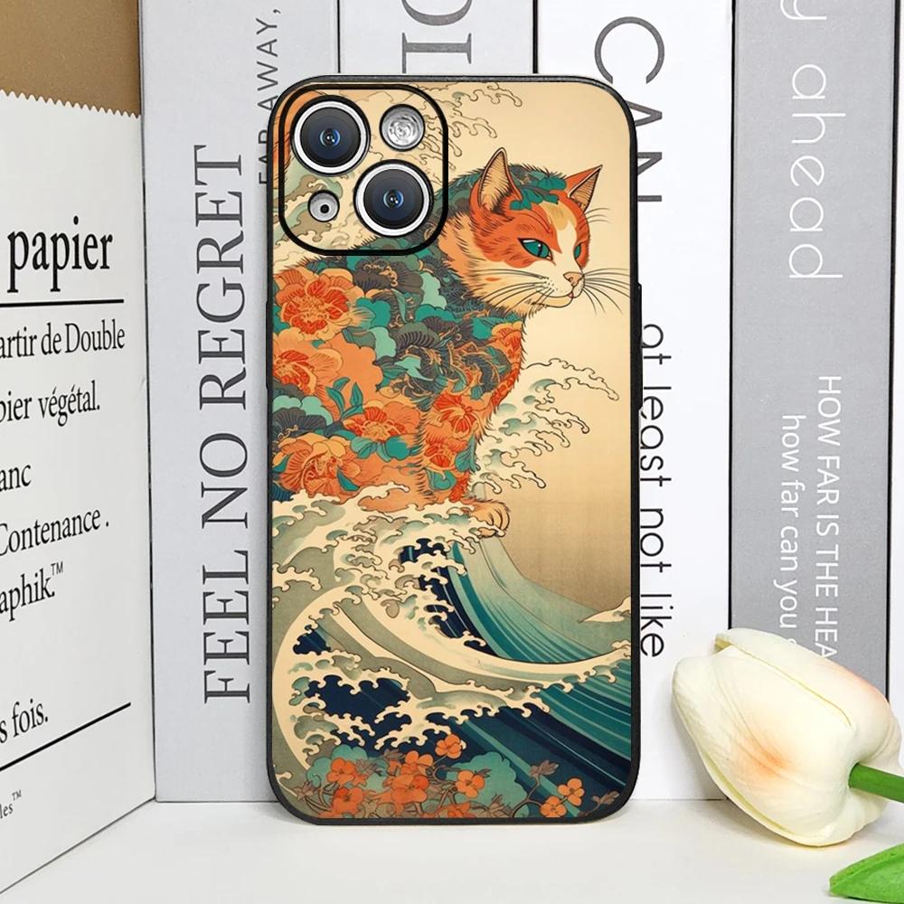 Japan The Great Wave of Kanagawa Cat Phone Case for IPhone 12 Mini 11 13 14 15 16 Pro X XS Max 7 8Plus SE2 Soft Cover Art Fundas