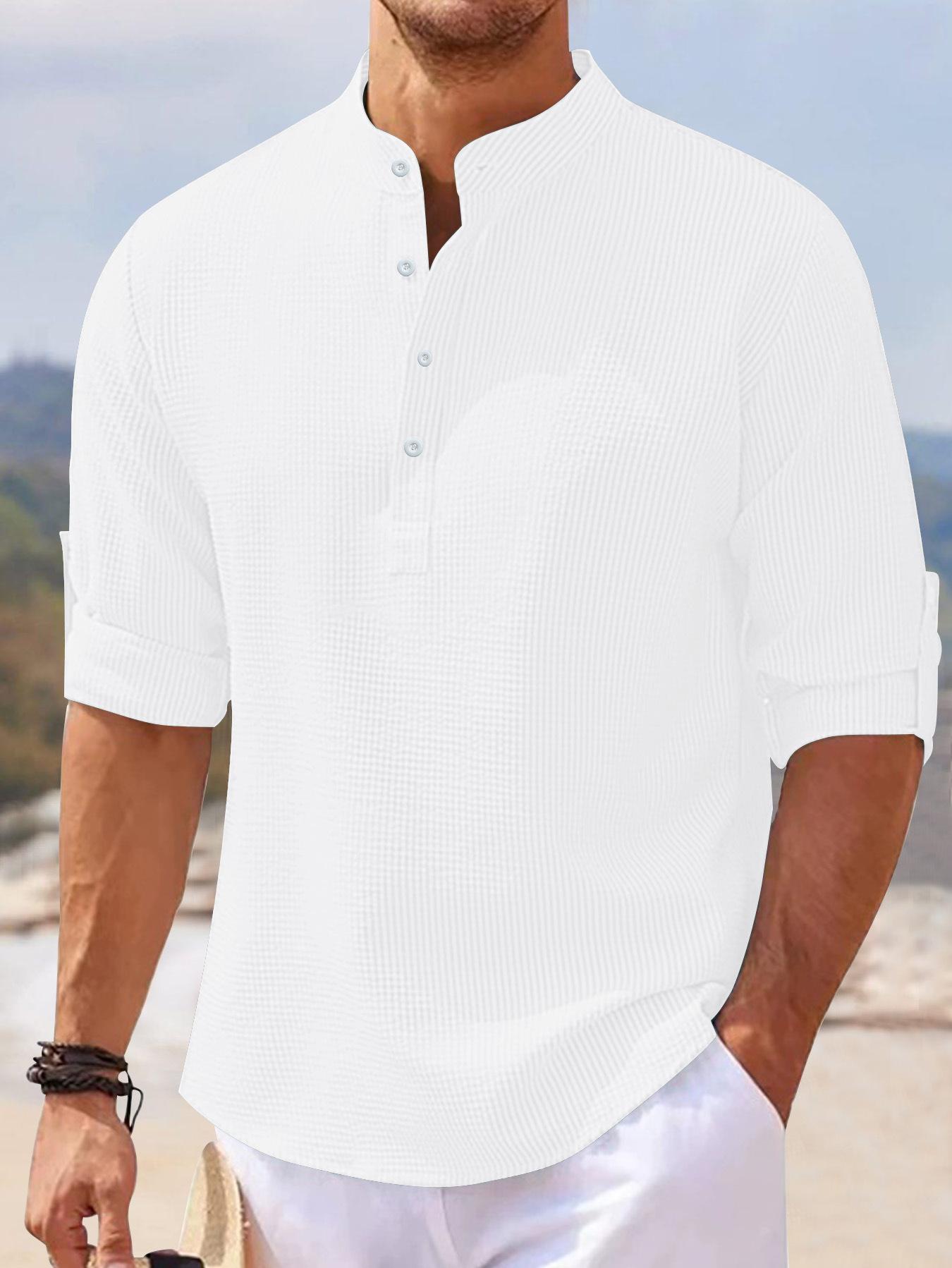 Men s Waffle Knit Short Sleeve Shirt Stand Collar Button Front Casual Multi Color Top S