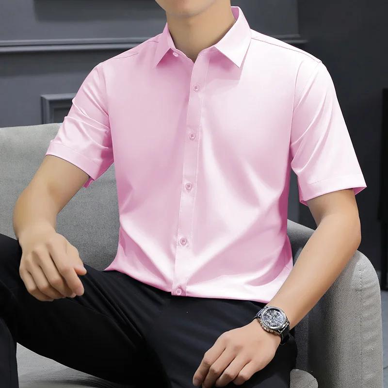 New Men's Business Casual Solid Color Short Sleeved Shirt for Summer Fashion No Ironing Comfortable and Versatile Top