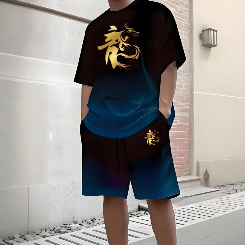 

Мужской спортивный фитнес-комплект для 3D-печати, костюм для бега, повседневная футболка + шорты, дышащая одежда для пробежек, спортивный костюм с принтом дракона 6XL