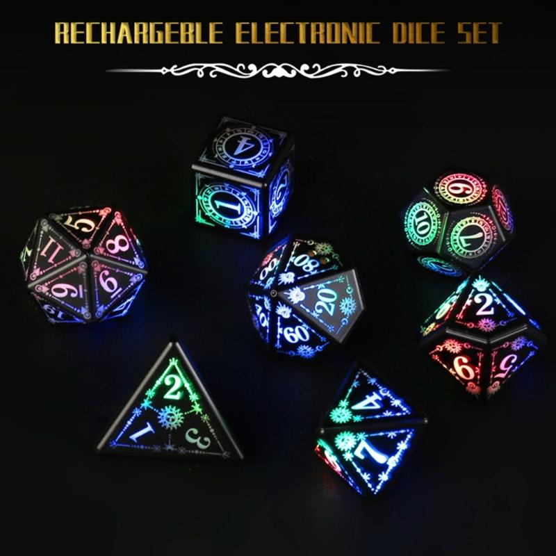 7Pcs Glowing Polyhedral Dices with Charging Box Rechargeable LED Colorful Light Electronic Dices for Role Playing Game