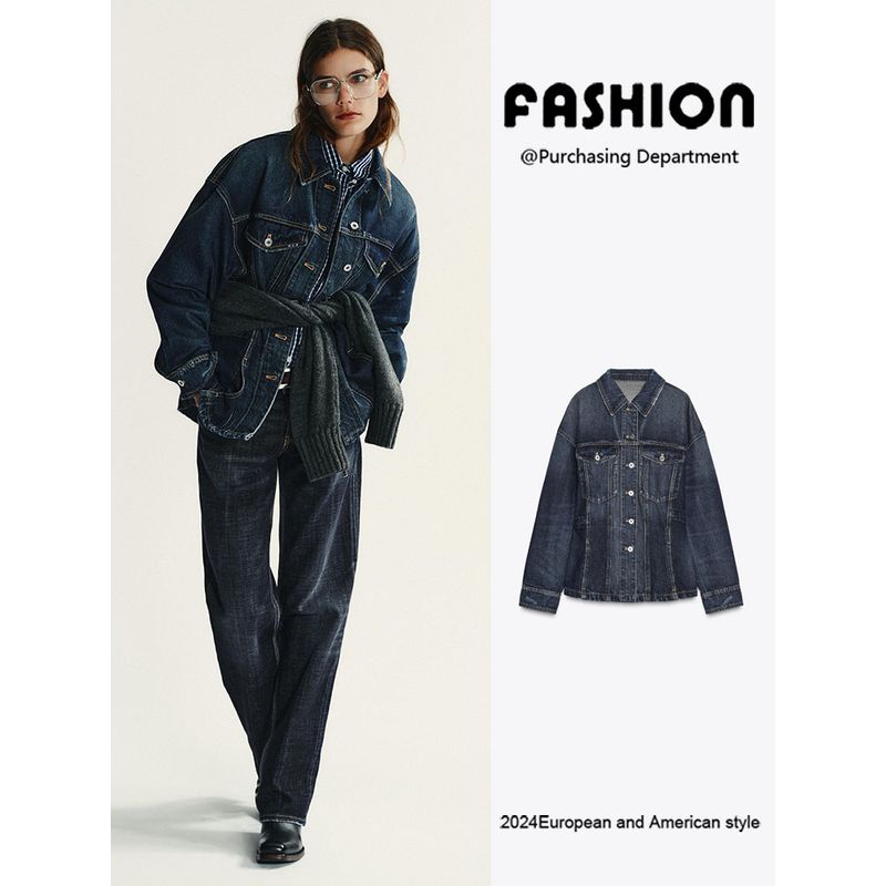 Za2025 Autumn New Women Clothes All-Match Button Denim Lapel Jacket Long Sleeve Outerwear 5252277 400