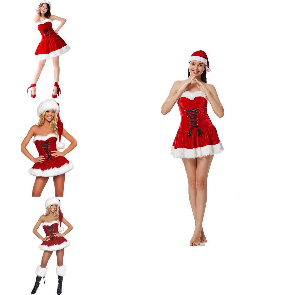 Elegant Red Velvet Sexy Women Christmas Fancy Dress Santa Claus Costume Outfit Hat