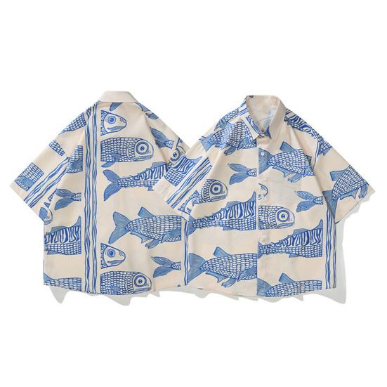 Men Beach Shirt 3D Fish Print Contrast Color Plus Size Short Sleeves Turn-down Collar Streetwear Single-breasted Plus Size Cardigan