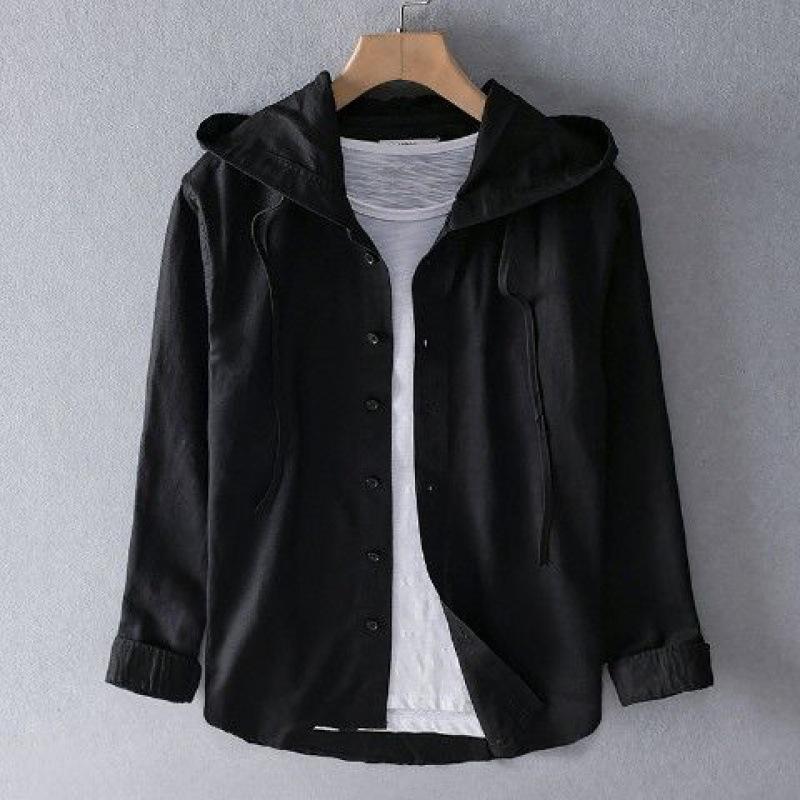 Men's Linen Shirt Summer Casual Hooded Long Sleeved Shirt Lightweight Cotton Linen Breathable Sunscreen Top