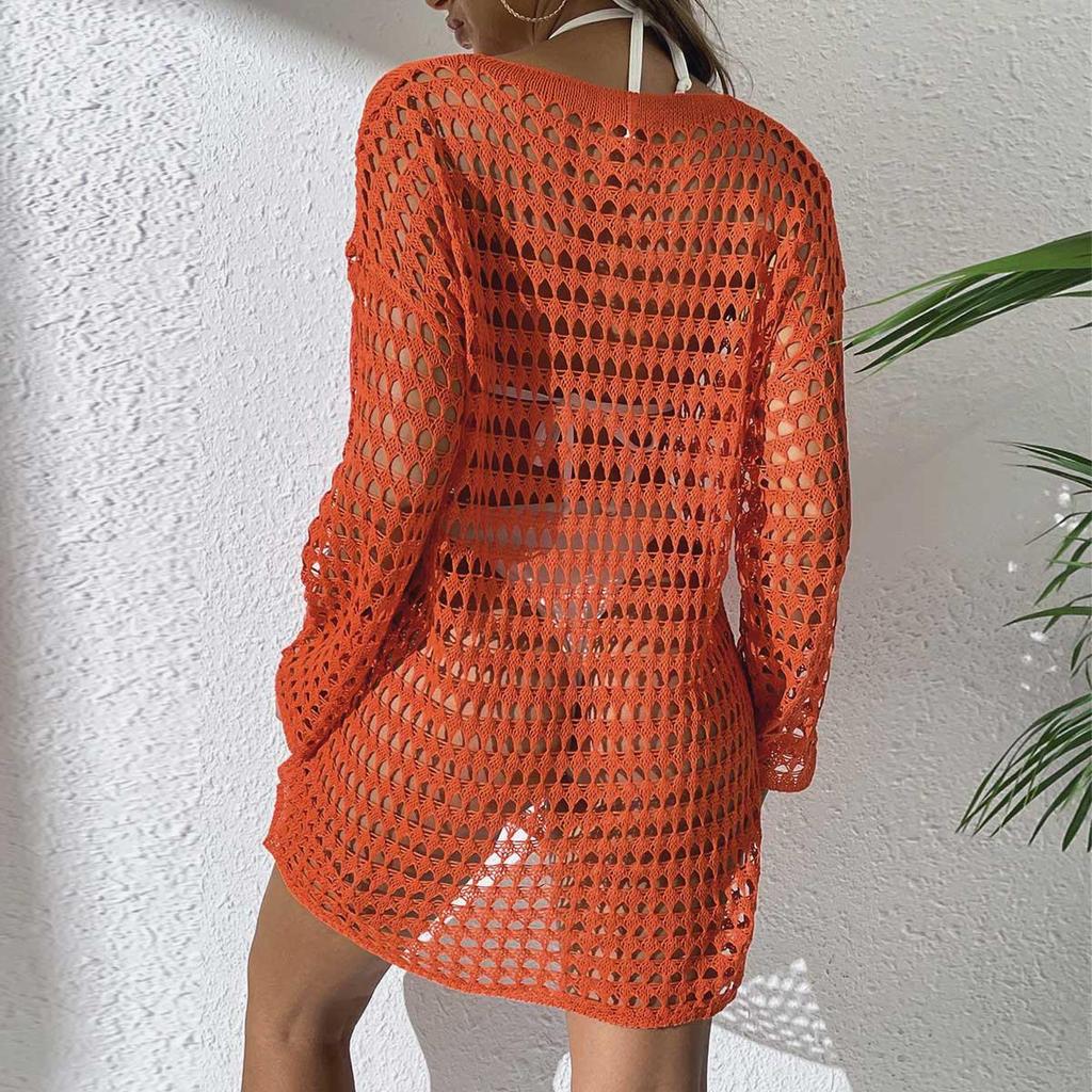 Europäisch-Amerikanischer Sexy Strick-Hollow-Pullover: Damen Langarm Rundhals Bikini Cover-Up für den Sommer