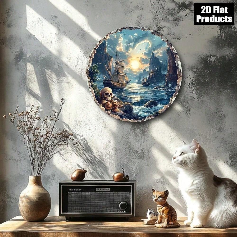 Vintage Retro Metal Sign 8x8 Inch, Round Pirate Bay 2D Flat Aluminum Wall Decor for Home Bar Kitchen Cafe