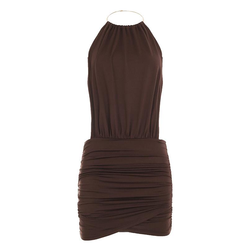 New summer women s clothing metal ring hanging neck sexy backless lace-up dress hip skirt XS коричневый