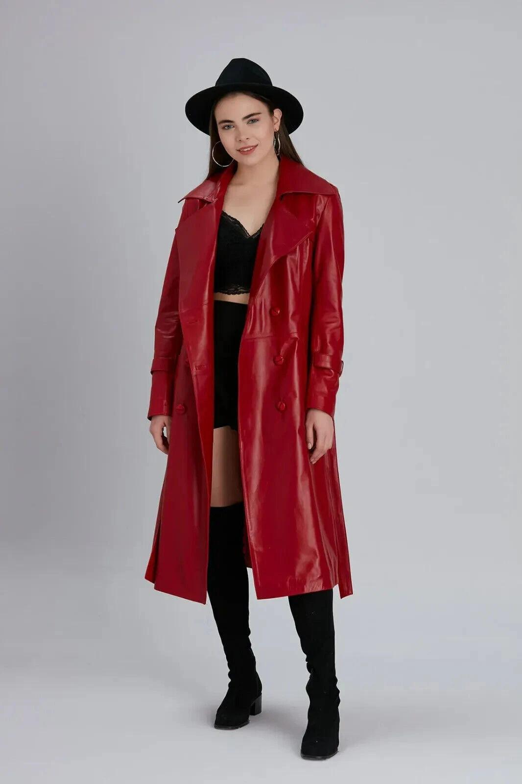 

Trench Coat Real Lambskin Stylish Long Coat Handmade Formal RED Women Leather S