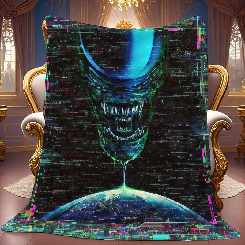 1Pc ArtAlien Print Flannel Blanket, High quality Comfortable for All Seasons, Warmth and Comfort, Perfect for Christmas Gifts