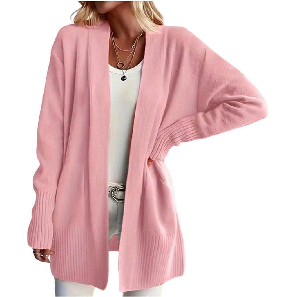 Women's Long Sleeved Solid Color Medium Length Knitted Cardigan Jacket Sweater Knitted Sweater