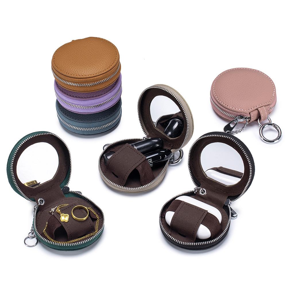 New Head Layer Leather Portable Lipstick Storage Bag With Mirror Round Bluetooth Earphone Pouch Pendant Keychain Pendant Charm