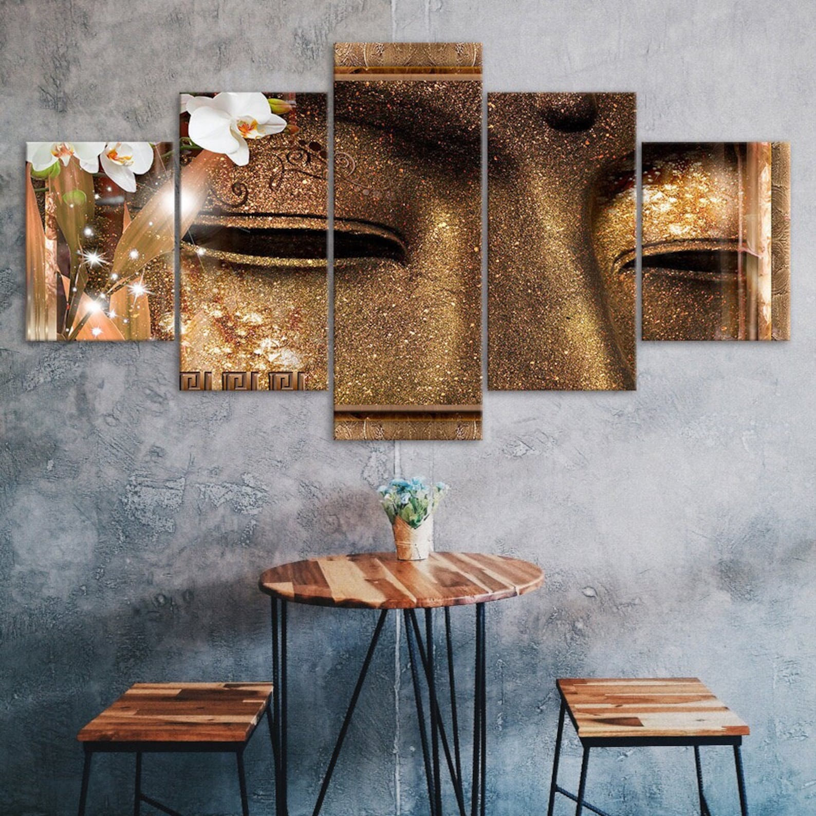 

Golden Buddha Statue 5 Piece Five Panel Wall Canvas Print Modern Art Poster Picture Home Decor Gift For Him For Her 20X35 20X45 20X55CM