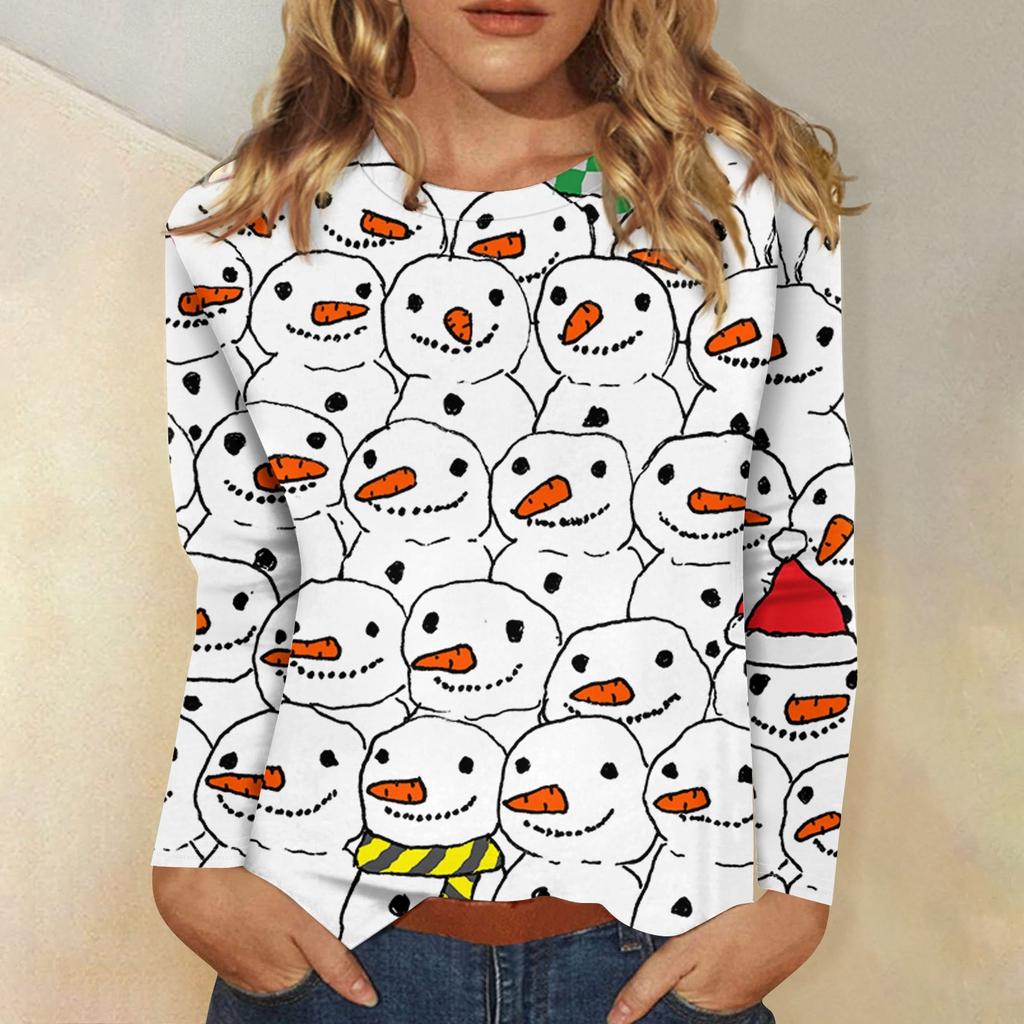 Women's Fashion Casual Christmas Print Round Neck Long Sleeve Decorative T-Shirt Top