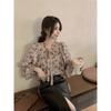 Lace Up Ruffle Edge Floral Shirt Women's Long Sleeve V-neck Female's Single Breaste Blouse French Gentle Lady's Chic Top