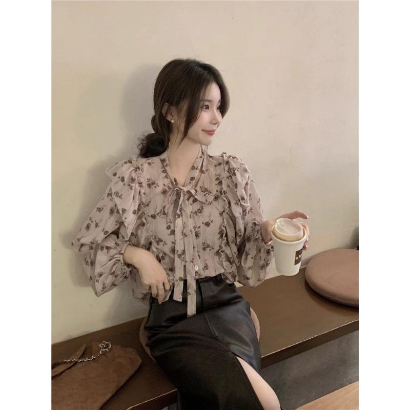 Lace Up Ruffle Edge Floral Shirt Women's Long Sleeve V-neck Female's Single Breaste Blouse French Gentle Lady's Chic Top
