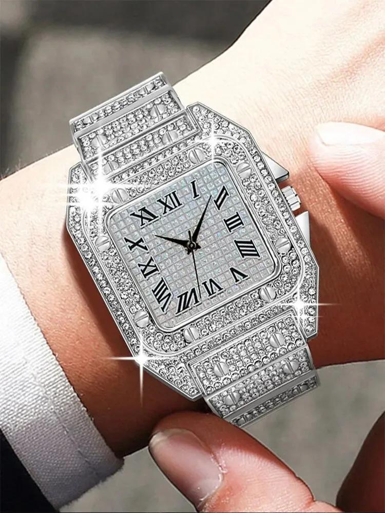 Dai Lanfu Men's Black 1Pcs Fashion Business Calendar Full Diamond Steel Band Quartz Watch