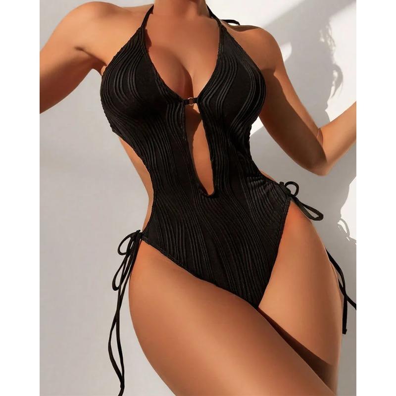 Costume da bagno intero Cikini con cut-out e laccetti laterali, monocolore, da spiaggia, costume da bagno, estate