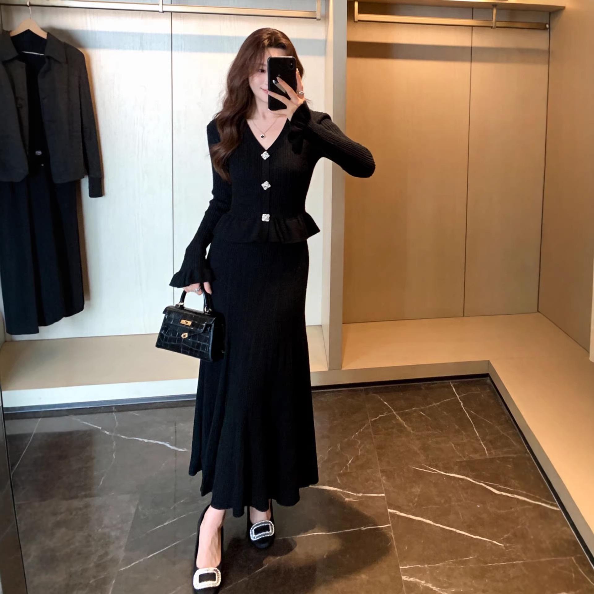 Women s Elegant Black V-Neck Knit Dress with Waist-Cinching Sweater Overlay Extra Large чёрный