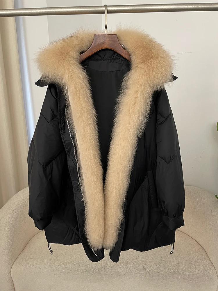 OFTBUY Women's Mid-length 2024 Winter Thickened Warm Coat Removable Fox Fur Collar Loose Wide Version Fur Down Jacket Shawl Commuting