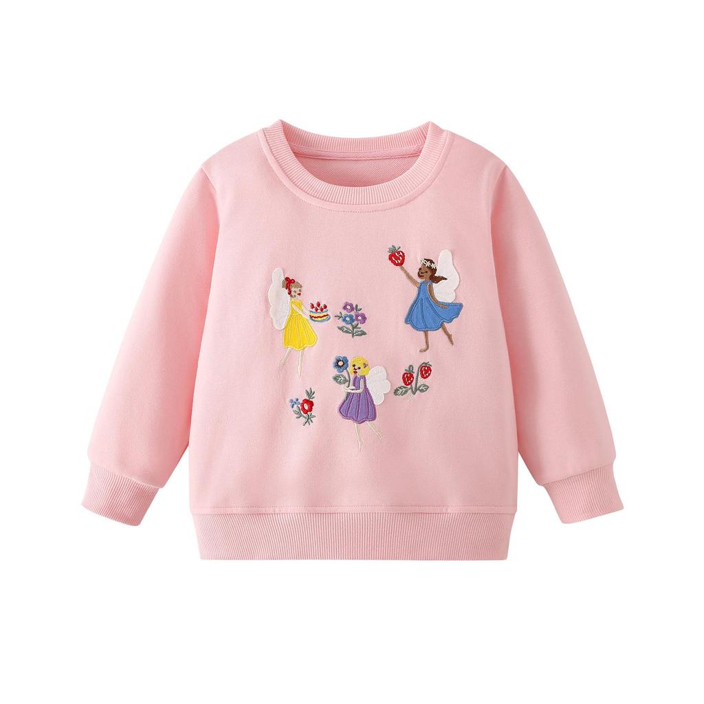 Sweet 26 Years Girls' Round Neck Sweatshirt with Cartoon Flowers Embroidery for Autumn/Winter