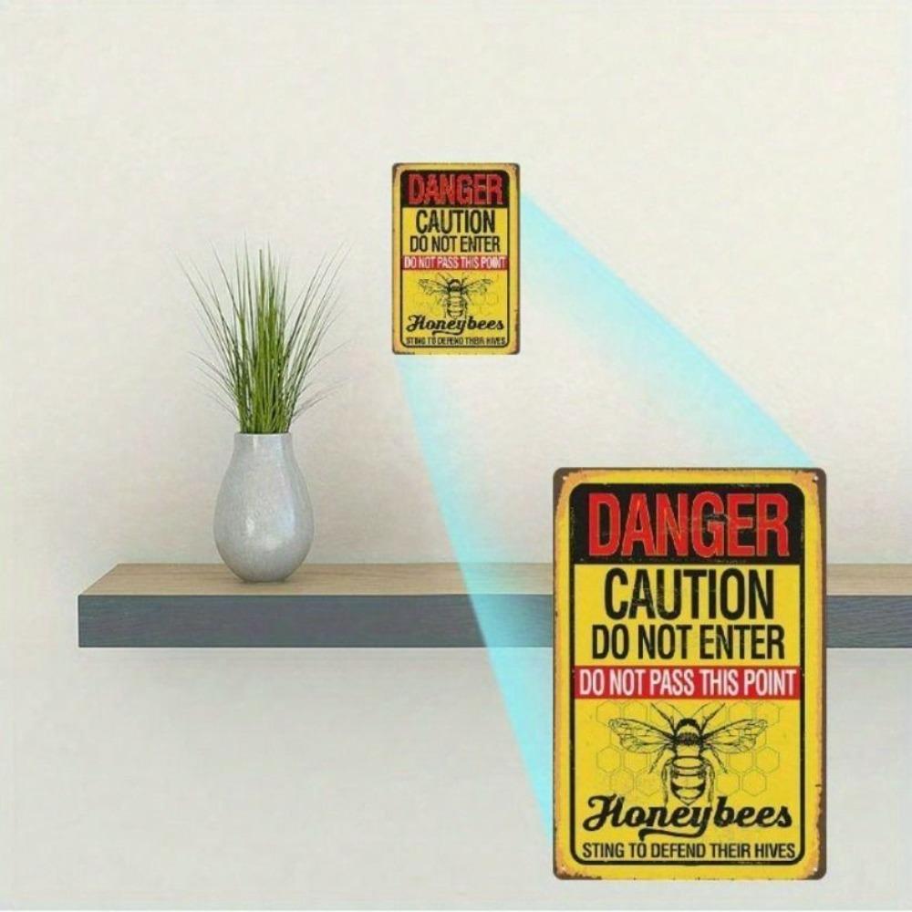 Vintage Danger Sign Metal Poster Bee Honeycomb Wall Art Home Decor 12x8in