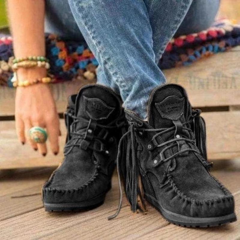 Women's Winter Thick-Soled Fringe Lace-Up Short Boots.