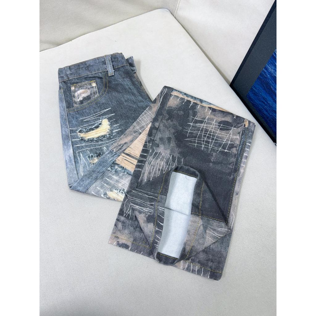 D-printed Fake Ripped Jeans American Splicing Camouflage Micro-pull Pants Men's Trendy Brand High-end Design Straight-leg Pants