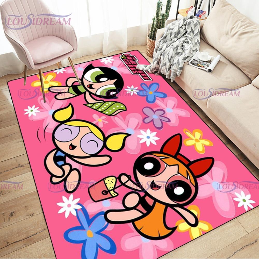 Alfombra de dibujos animados con estampado de Chicas Superpoderosas, decoración para sala de estar y dormitorio, alfombra antideslizante para baño, felpudo para suelo en el pasillo