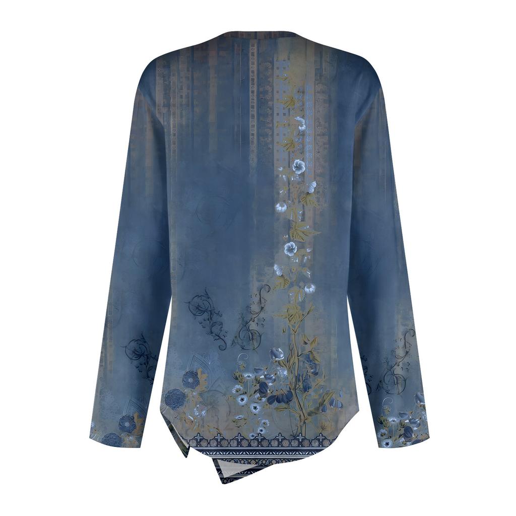 Detail knoflíku Tričko se zakřiveným lemem, Dlouhý rukáv Kulatý výstřih Květinový potisk Neformální top, Dámské oblečení