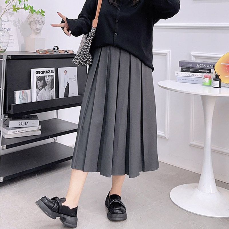 

Wanwanjia Plus-Size Women s Mid-Length Suit-Style Skirt, Hip-Covering Elastic Waist, Preppy Style Pleated Skirt, A-Line Skirt Gray XL