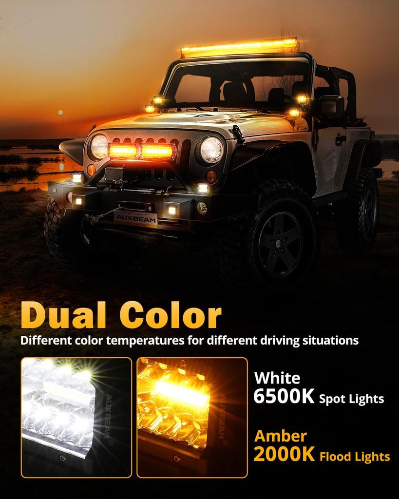 Auxbeam White Amber Strobe Lights 4" 120W LED Pod Light Bar 6 Modes Dual