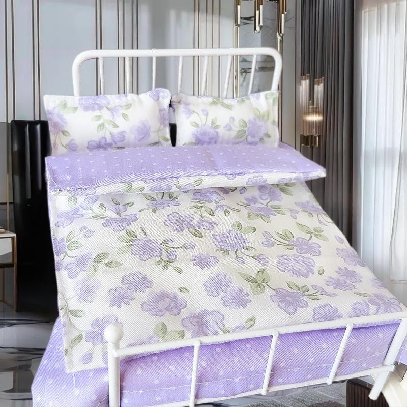 1/12 Dollhouse Miniature Bed Four Piece Bed Set Cover Bedding Set Doll Bedroom Decoration Toy