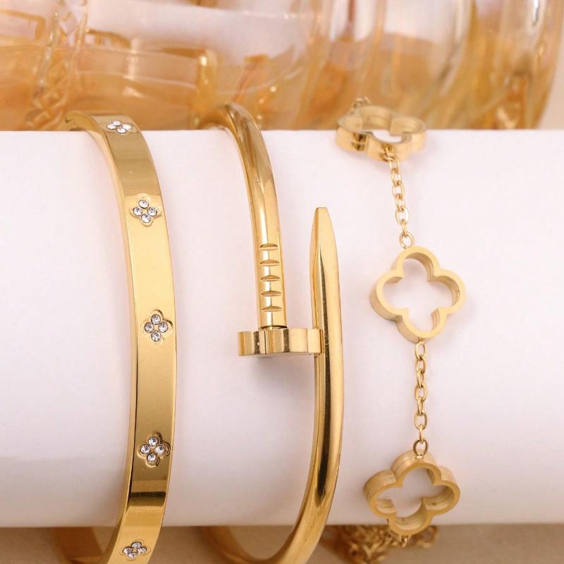 3pcs  Fashion Luxury Clover Zirconia Inlaid Stainless Steel Bangle Bracelet, Versatile For Daily Wear