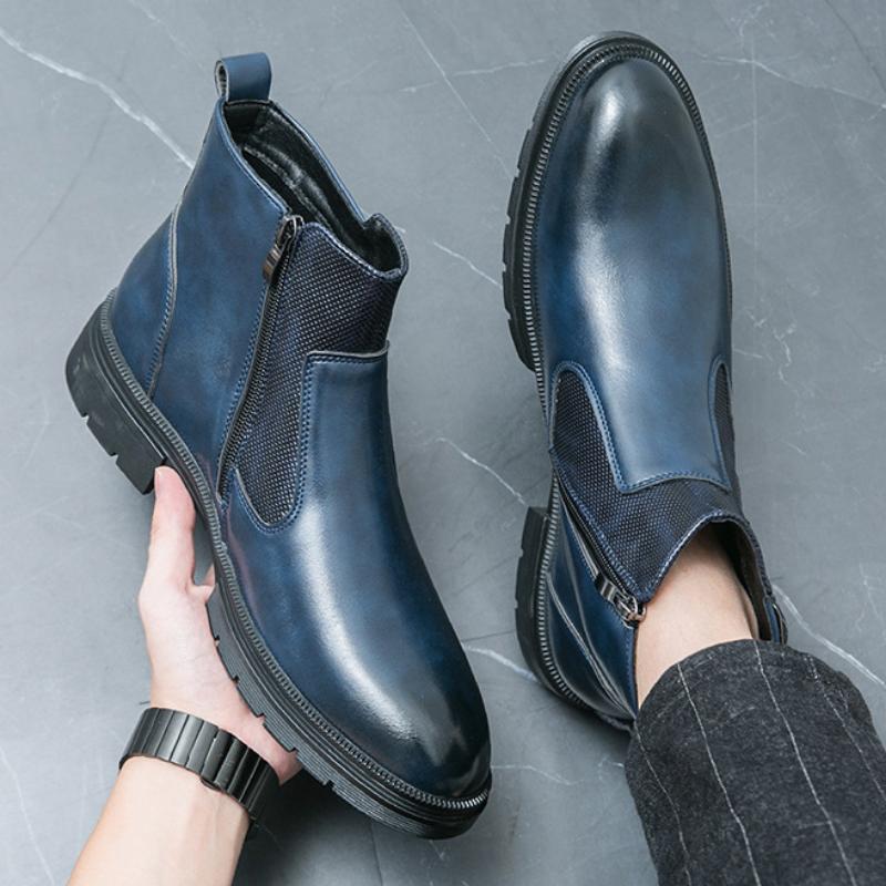 British Style Round Toe Leather Boots Men's Fashion Casual High Top Boots Buckle Slip-on Thick-soled Boots