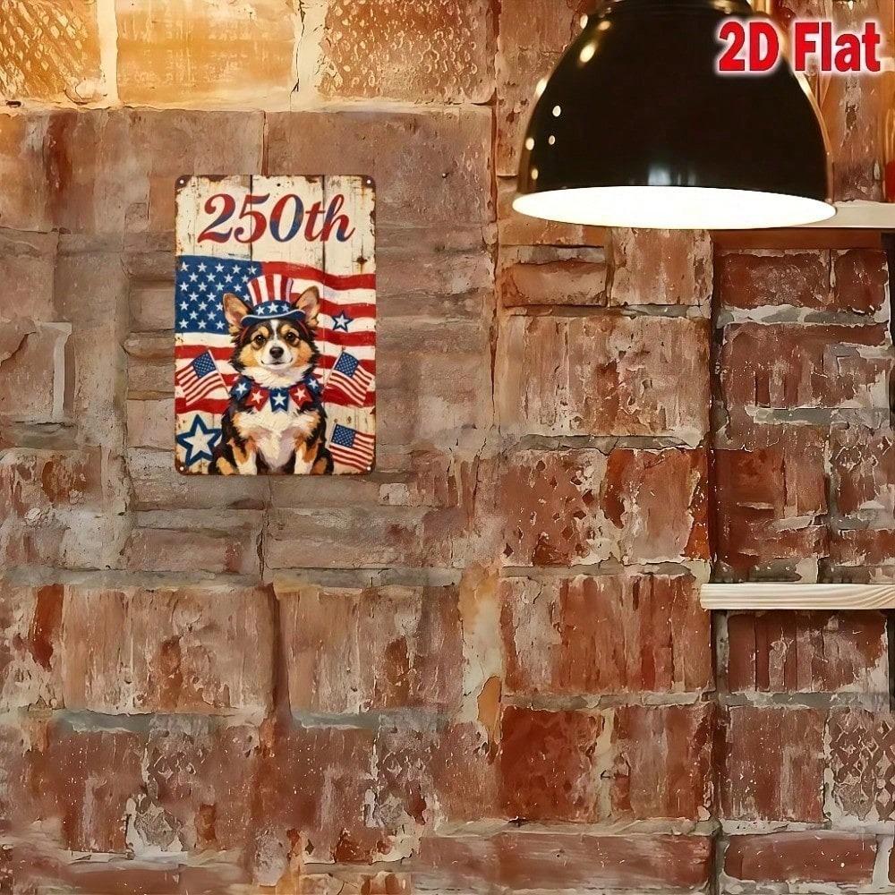 2D Flat Metal Sign 8x12 Inch Vintage Corgi Patriotic Wall Art American Independence Day Pre Drilled Home Decor
