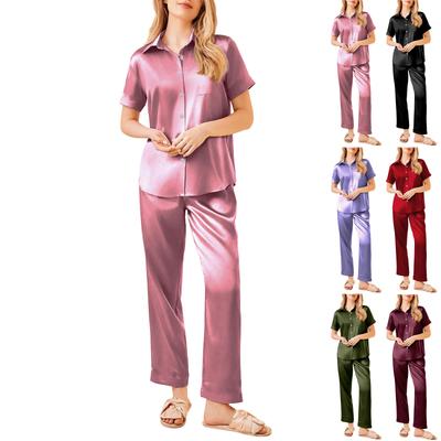 Women's Silk Solid Color Pajamas Set, Ladies Short-sleeved And Long Pants Two-piece Pajamas, Button-down Pajamas And Home Clothes