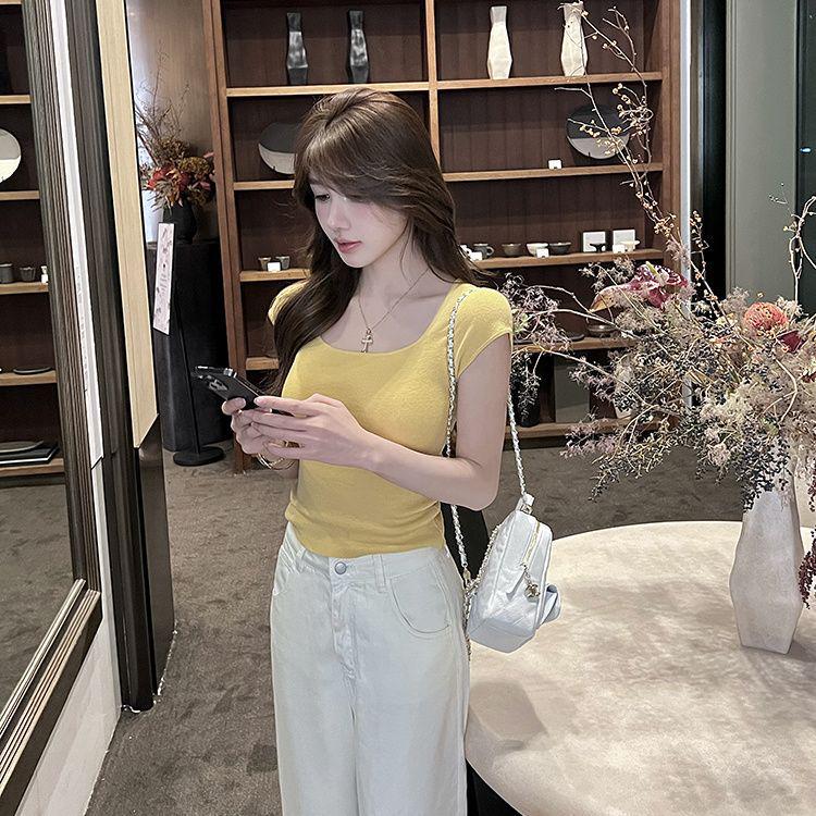 2025 Summer Women's Square Neck Short Sleeve Knit T-Shirt: Spicy Slimming Base Top