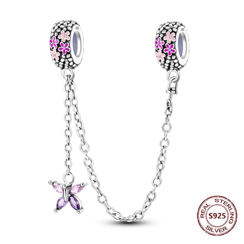 Butterfly Charm copper Authentic Pink Blue Zircon Fly Butterflies Safety Chain Clip Charm Bead Charms Compatible With Bracelets Do It Yourself Jewelle