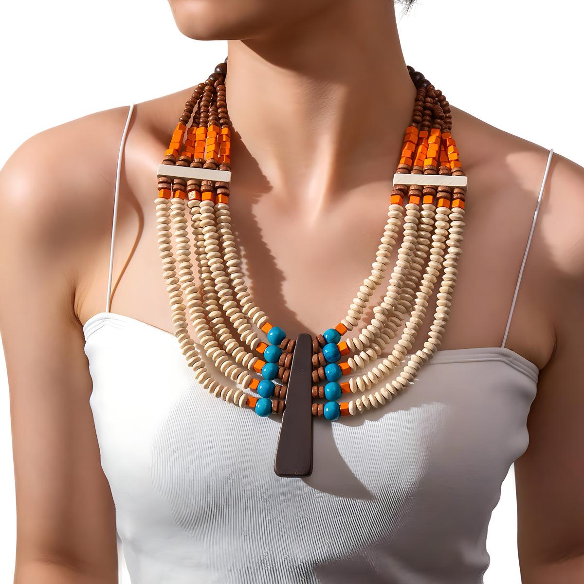 

Модное персонализированное ожерелье из бисера ручной работы из дерева, преувеличенное ретро-ожерелье, аксессуары в национальном стиле оранжевый