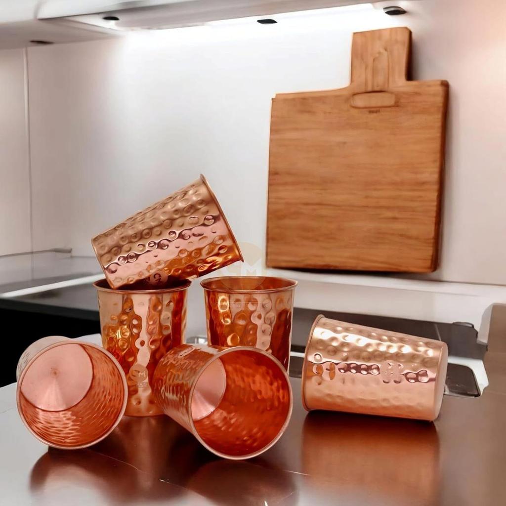 (Set of 6 Pure Brass Glass Tumbler with Embossed Design, for Drinking Serving Water, Yoga & Ayurveda, Stylish Pure Copper Glass