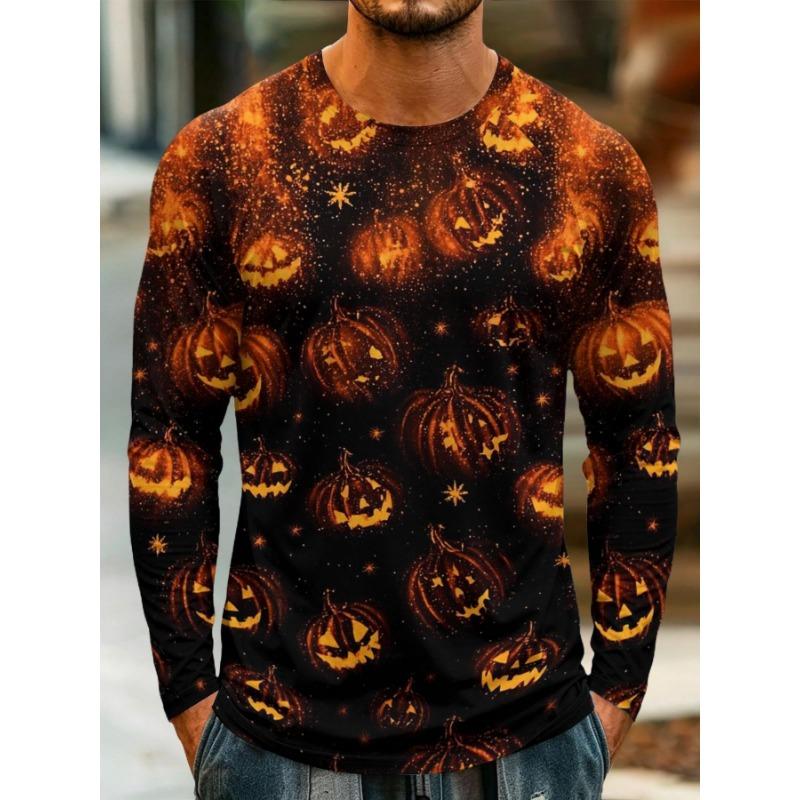 Men Long Sleeve T‑Shirt Purple Halloween Night Black Cat Pumpkin Bat Moon Print Crew Neck Casual Tops