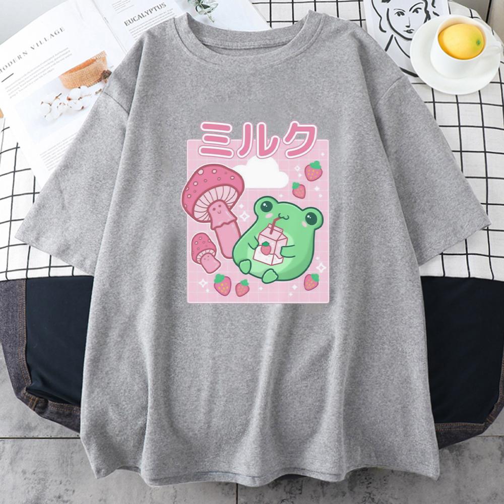 Broscuță Băutură de Căpșuni Ciupercă Desen Animat Tricou Stil Verde Proaspăt Topuri Largi 100% Bumbac Vară Harajuku Casual Zilnic Mânecă Scurtă