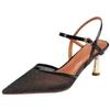 Lyxiga Retro Mesh klacksandaler Dam Modedesigner Slingback Sommarskor Kvinnliga Spetsiga Pumps Dam sandalias mujer