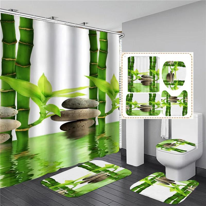 Full Set Bathroom Shower Curtain Set And Rugs Waterproof Fabric Furniture Accessory Zen Flow Water Bamboo For Bath Decoration