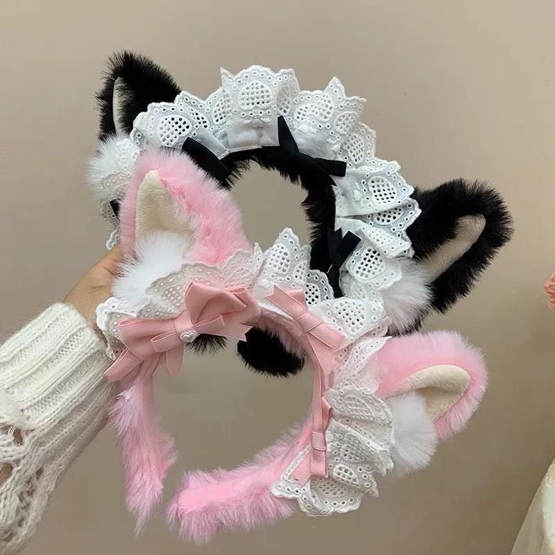 Süßes Plüsch-Ohren-Haarband Japanische Süße Spitze Schleife Lolita Stirnband Haarschmuck