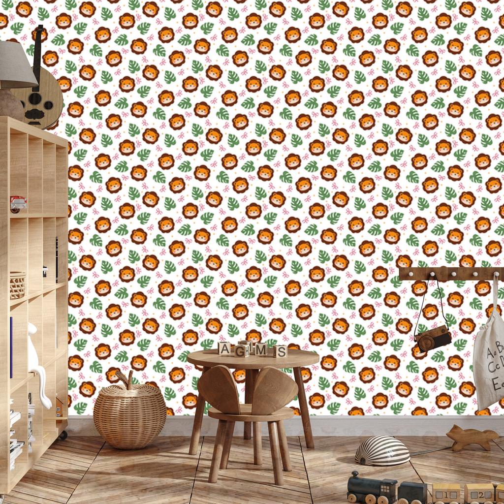 Lions Wallpaper White, Orange and Green for Living Room and Bedroom 50x1000