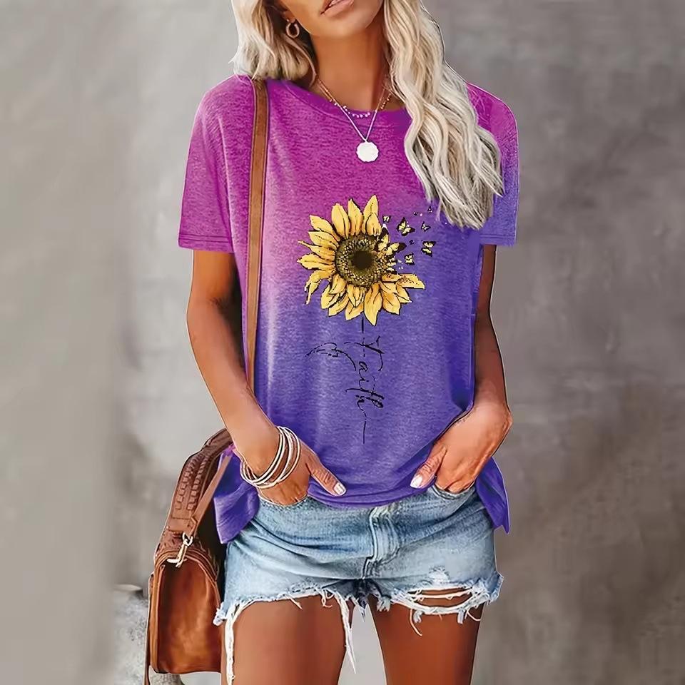 Summer Round Neck Short Sleeved Loose Top Casual 3D Flower Pattern Printed Women's T-shirts