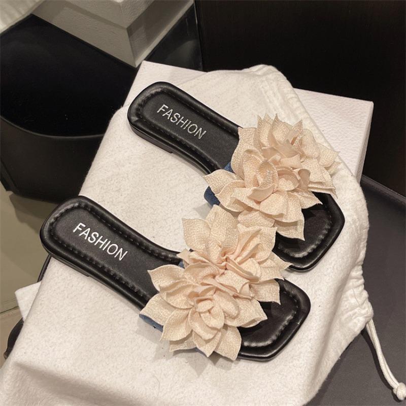 Casual Flat-bottomed Square-head Slippers Female Flower Lazy Person One Pedal Open-toe One-word Drag Beach Casual Women's Sandals