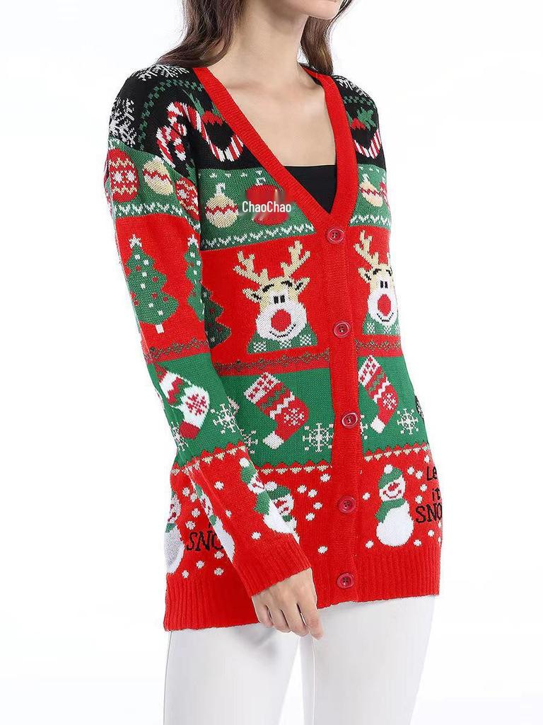 2025 Autumn/Winter Women's Long Sleeve Knit Cardigan – Casual European & American Style Christmas Sweater Coat